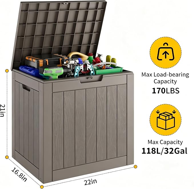 Deck Box, 32 Gallon Resin Indoor and Outdoor Storage Boxes Waterproof for Garden Tools, Pool Accessories Storage Bench, Patio Furniture and Cushions with Lockable Lid, Grey