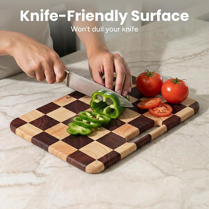 SMIRLY Cutting Board Set - 3 Piece Rubberwood Cutting Boards with Stand | Double-Sided Wood Cutting Board, Checkered Cutting Boards Non Toxic for Meat Vegetable Fruit, Food-Grade