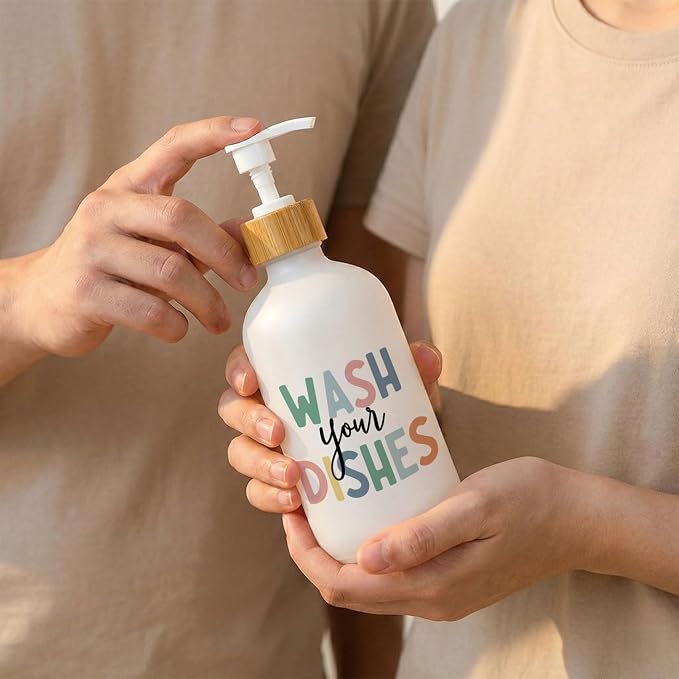 Boho Kids Hand and Dish Soap Dispenser Set, Wash Your Hands & Dishes Glass Soap Dispenser, Hygiene Instruct Colorful Refillable Handsoap Pump Bottle for Bathroom Countertop Kitchen