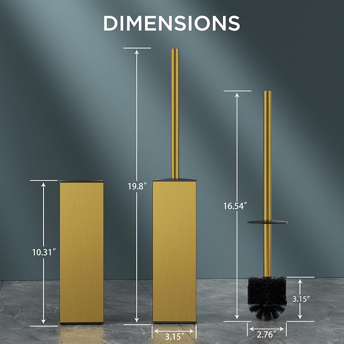 FORIOUS Tall Toilet Brush and Holder Set, Heavy Duty 304 Stainless Steel Base Square and Long Handle for Bathroom Deep Cleaning, Drip-Proof, Space Saving for Storage, 2 Toilet Bowl Brush Head, Gold
