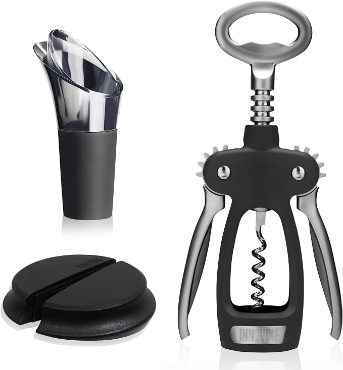 Innovine Pro Winged Corkscrew 3-Piece Wine Gift Set – Winged Corkscrew, 6-Blade Foil Cutter & Drip Stop Pour Spout – Easy Cork Removal, Foil Cutting, Drip-Free Pouring – Ideal for Home Bar & Gifting