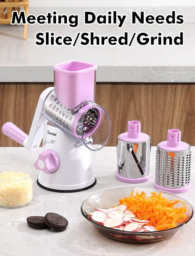 Geedel Rotary Cheese Grater, Kitchen Mandoline Vegetable Slicer with 3 Interchangeable Blades, Easy to Clean Rotary Grater Slicer for Cheese, Vegetables, Nuts