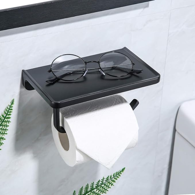 TRUSTMI Toilet Paper Holder with Phone Shelf Solid Metal Bathroom Hardware Accessories Tissue Roll Dispenser Storage Wall Mounted, Matte Black