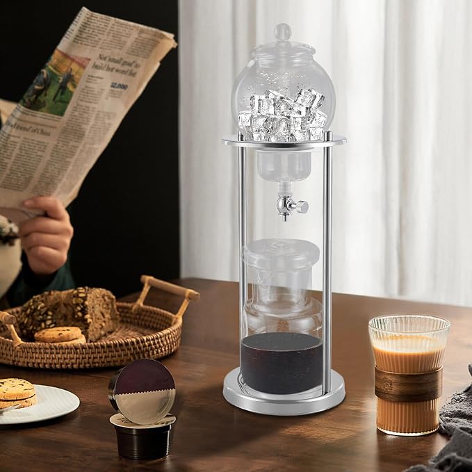 Iced Coffee Cold Brew Drip Tower Coffee Maker with Measuring Spoon, Stainless Steel Filter, Wooden, 6-8 Cup (Silver)