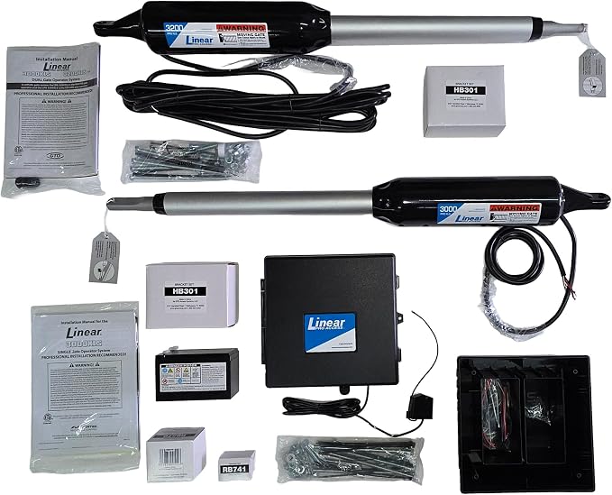 Linear PRO Access Dual Swing Gate Opener Kit – PRO3000XLS Master + PROSW3200XLS Secondary Arm – 12VDC Residential Operator – Up to 16 ft / 650 lbs Per Leaf – 318 MHz