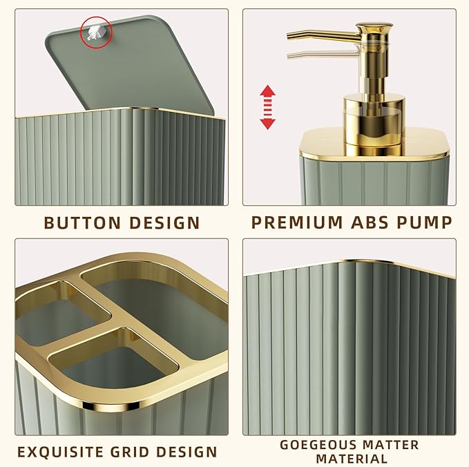 XLHOMO Bathroom Accessories Set - Gorgeous Bathroom Set, 10PC Sage Green Bathroom Accessory Set, Toilet Brush, Trash Can & Soap Dispenser