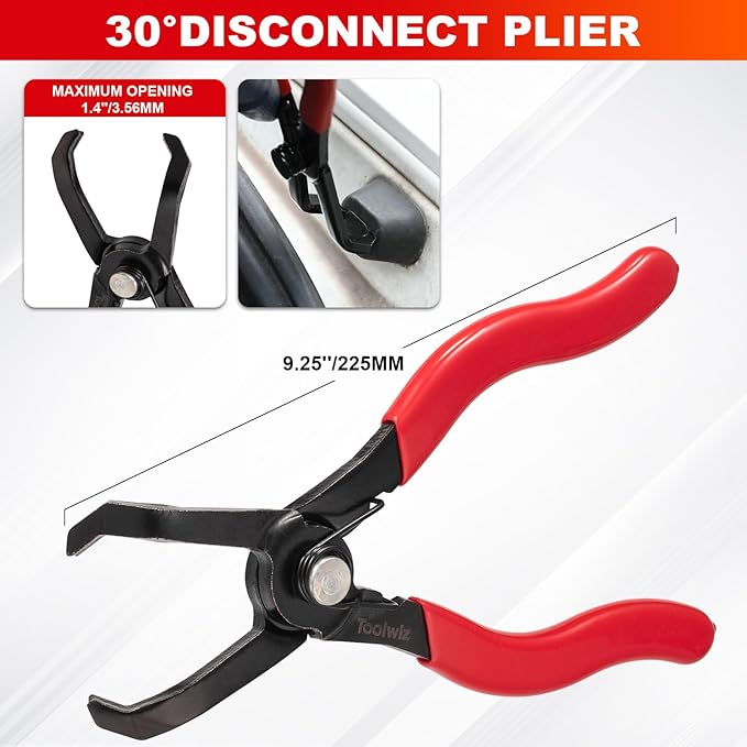 Toolwiz 6 pcs Fuel Line Pliers Set, Hose Clamp Plier, Panel Removal Tool, Hose Removal Plier, 30 Degree Push Pin Pliers, 2 pc 9" Electrical Disconnect Tool for Automotive Repair with Storage Bag
