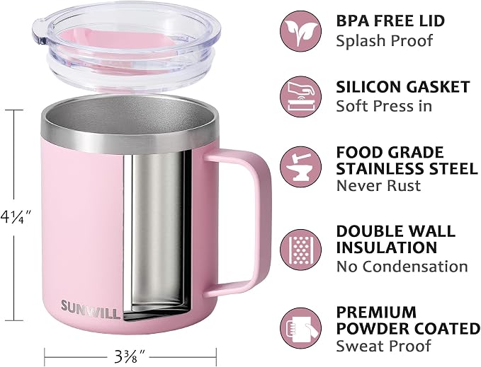 SUNWILL Insulated Coffee Mug with Lid, Travel Tumbler Reusable, 14 oz Stainless Steel Cup for Camping, Office, Home, Powder Coated Sakura