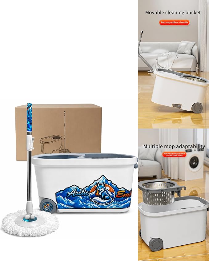 20L Spin Mop and Bucket System with Wringer, 3 Microfiber Mop Heads and 1 Heavy-Duty Scrub Brush, Stainless Steel Handle, Rolling Bucket with Drain Plug for Hardwood, Tile and Laminate Floors