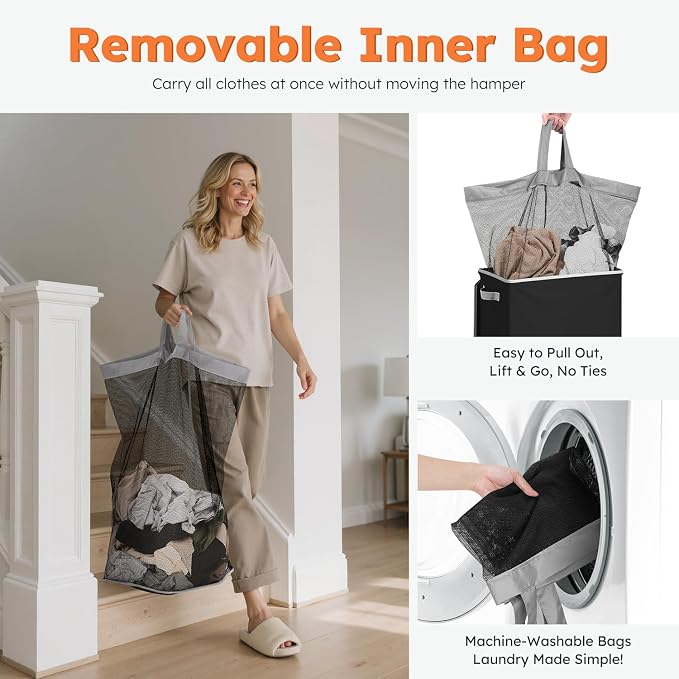 SOLEDI Laundry Hamper Black with Lid and Removable Bag - 100L Large and Tall Laundry Basket Collapsible with Handle for Clothing and Toys Storage - Dirty Clothes Hamper for Bedroom, bathroom, dorm