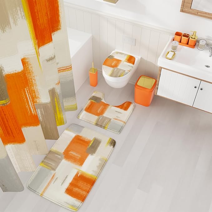 XLHOMO Bathroom Accessories Set - 25PC Bathroom Set with Shower Curtain and Rugs, Orange Bathroom Set, Bathroom Accessory Set with Press-on Lid Trash Can, Soap Dispenser and Qtip Holders for Home