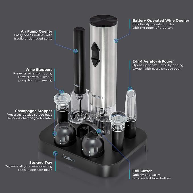 Ivation 9-Piece Wine Set | Electric Opener, Air Pump, Pourer with Aerator, Wine and Champagne Stoppers, Foil Cutter, and Stand.
