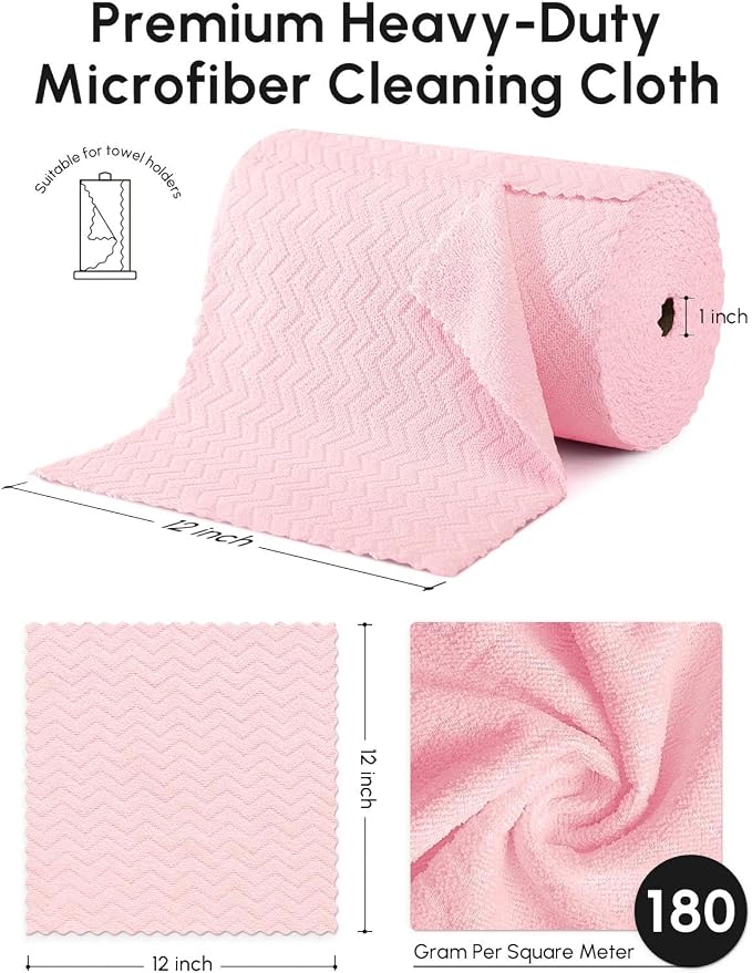 Microfiber Cleaning Cloths Roll, 75 Pack Tear Away Microfiber Towels Roll, 12" x 12" Lint Free Rags, Reusable Cleaning Cloths, Washable, Scratch Free,Ultra Absorbent Dish Rags(Pink Ripple)