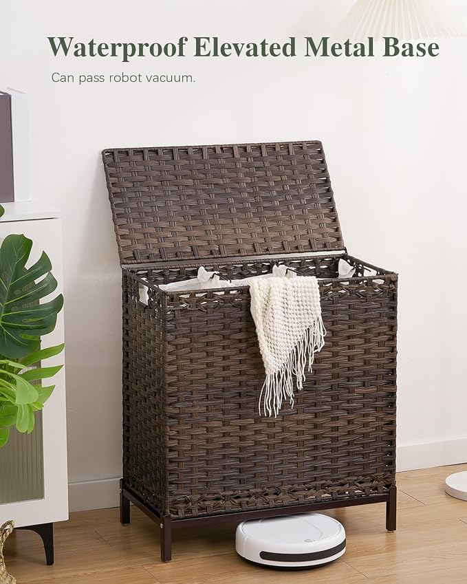 SETVSON Laundry Hamper with Lid, 35 Gal 3-Bag Clothes Sorter, Brown | Large Family Laundry Trunk with Lid, 3 Compartment Sorting Liner, 6 Wash Bags, Elevated PE Rattan Bin with Handles