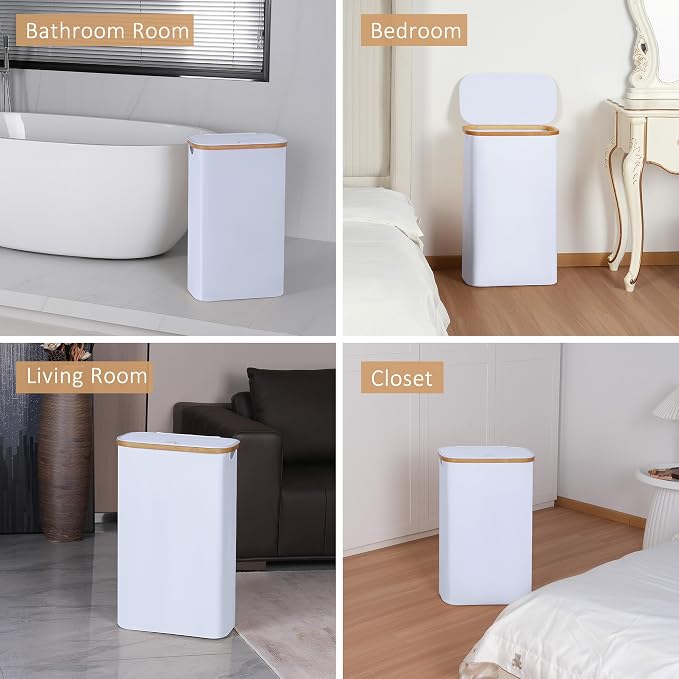iEGrow 60L Slim Laundry Hamper, Narrow Laundry Basket with Lid,Foldable Clothes Hamper with Bamboo Handles,Hamper Basket with Removable Inner Bag for Laundry Room Bedroom College Dorm,15.85 Gals White