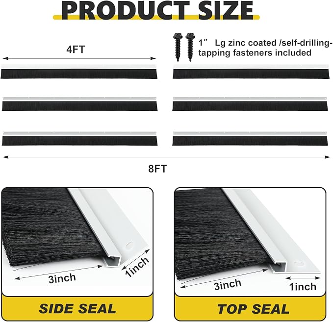 DoubleFill 8 x 8 ft Garage Door Brush Seal Kit, 3 Inch Roll up Door Seal with Aluminum Track, Heavy Duty Nylon Brush for Commercial Doors, Warehouse Barn, Energy Saving, Pest Proof, Black