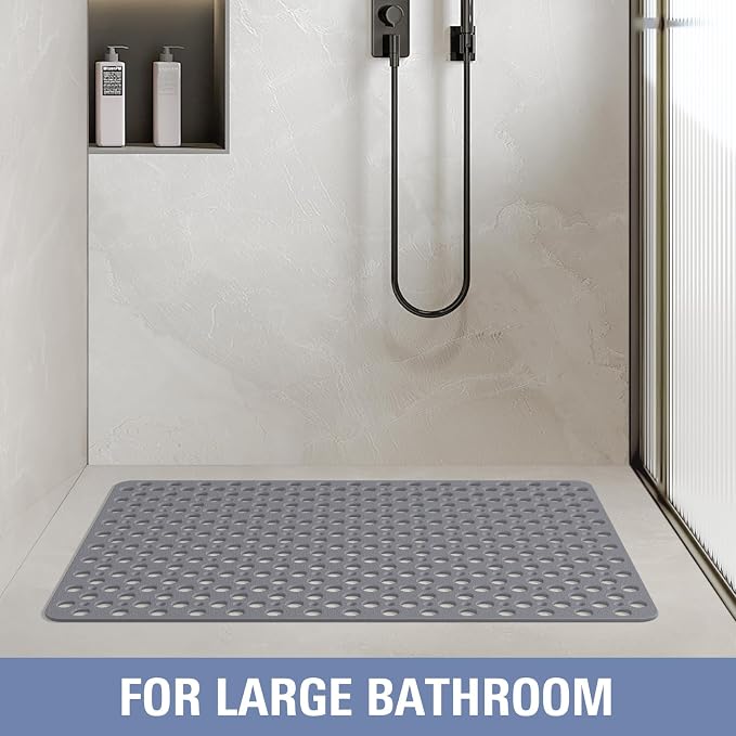 OTHWAY Large Shower Mat, 35"x 24" TPE Shower Mat Non Slip, Heavy Shower Floor Mat with Drain Holes and Suction Cups, No Odor Shower Mats for Inside Shower for Elderly Bathroom(D-Grey)