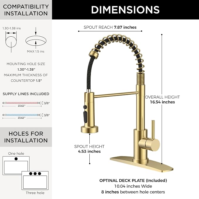 FORIOUS Gold Kitchen Sink Faucet, Stainless Steel Single Handle | Classic Commercial Kitchen Faucet with 3 Modes Sprayer, Suitable for Outdoor Laundry Rv Bar, with Deck Plate for 1 or 3 holes