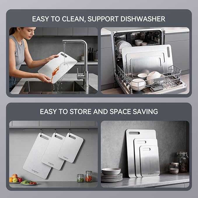 100% Pure Titanium Cutting Board for Kitchen Double-Sided Non-Toxic Titanium Cutting Board with Handle, Dishwasher Safe Chopping Board for Meat, Vegetables & Fruits, Cutting Board Set in S/M/L Sizes