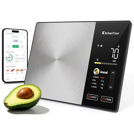 KitchenTour Smart Food Scale with Nutritional Calculator, Bluetooth App for Calorie & Macro Tracking, 24 Nutrients, 11lb/1g Stainless Steel Kitchen Scale