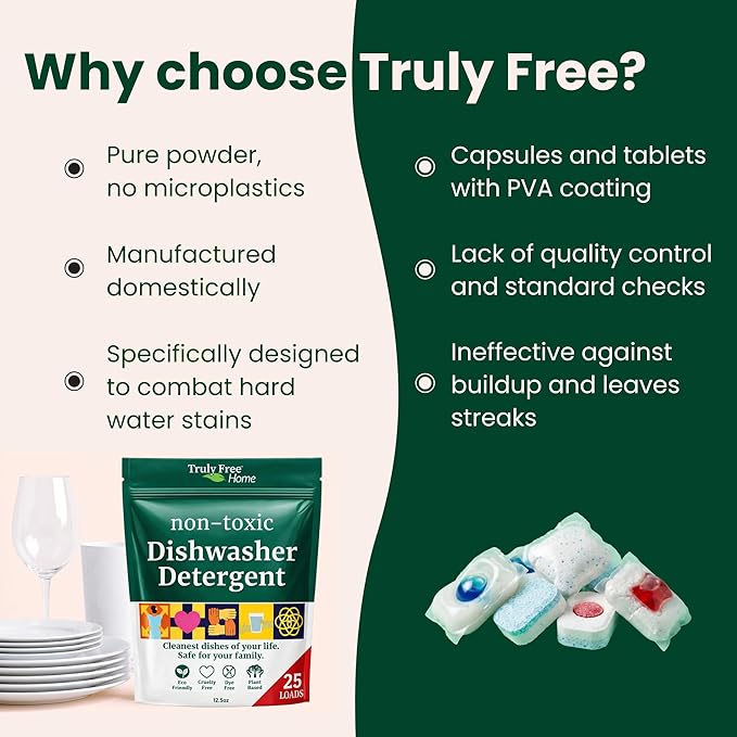Truly Free Dishwasher Detergent Powder | Natural Dish Detergent, Dishwasher Soap | Plastic Free, Plant-Based, Clean, Heavy Duty Hard Water Stain & Grease Remover | Fragrance Free | 12.5 oz (Pack of 2)