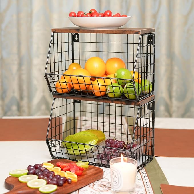 Mefirt Fruit Bowl, Stackable Wall Mounted Fruit Basket of Smooth Wood Lid with 4 Banana Hanger Hooks, Metal Kitchen Counter Organizer for Snack, Fruit and Vegetable Storage, 11.8 * 7.9 * 8.5 Inches
