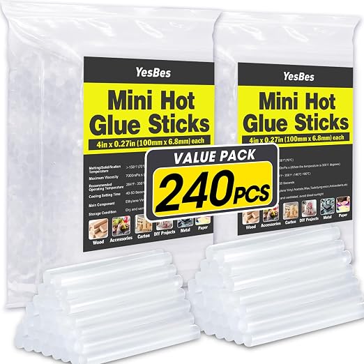 240 Pack Mini Hot Glue Sticks, 4" Long x 0.27" Diameter Glue Sticks for Mini Glue Guns, Perfect Fit for Wood, Metal, Glass, Plastic, Floral, Fabric, Leather, Foam, Floral