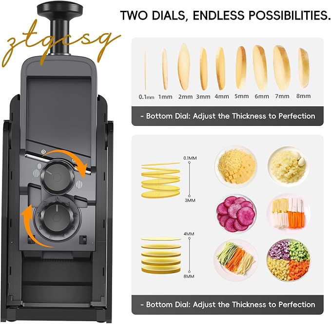 Vegetable Slicer for Kitchen, Safe Mandoline Slicer, Adjustable Veggie Potato French Fry Cutter, Wider Tray & Stainless Steel Grater & Filter Basket & Lid & Cleaning Brush (Black Pro)
