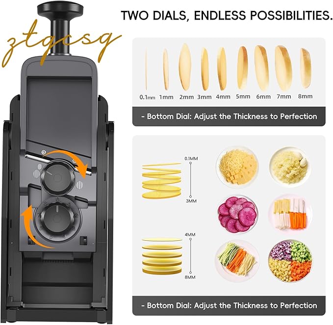 Vegetable Slicer with Adjustable Thickness, Easy to Clean Potato Mandoline Slicer with Container, Rapid Prep French Fry Veggie Cutter/Onion Slicer, Free Grater/Cleaning Brush (Black)