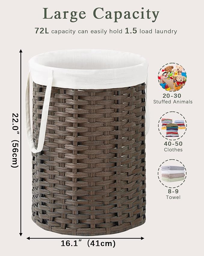 SETVSON Laundry Hamper Laundry Basket Round 19.0 Gal (72 L) Handwoven Rattan Hamper, Large Wicker Laundry Hamper with Removable Laundry Bag Handles 2 Mesh Bags for Bathroom Living Room Brown (No Lid)
