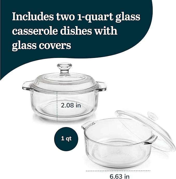 Libbey Baker's Basics 2 Piece Glass Dishes with Lids - Elegant Casserole Dishes for Oven with Lids - Versatile Baking Dish to Store Leftovers & More