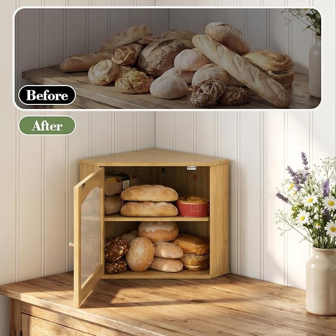 LAMU Corner Bread Box for Kitchen Countertop, Bamboo Wood Bread Storage | 2-Tier Storage Bin with Magnetic Acrylic Door, Large Capacity Organizer for Homemade Bread, Coffee, Fruit & Spices, Bamboo