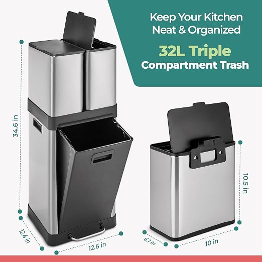 HOLDN’ STORAGE 32L Triple-Compartment Trash & Recycling Bin for Kitchen, 2 Removable Hook-On Bins, Multi-Access Opening, Odor Control, Stainless Steel, 3 Trash Bag Rolls Included