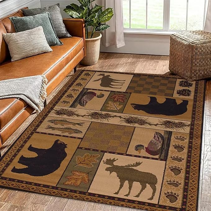 Rustic Lodge Cabin Bear Area Rug for Living Room Soft Vintage Maple Leaves Print Carpet Apartment Decor Brown Wildlife Rugs 5'x7'