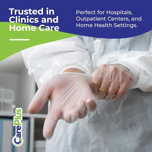 CARE PLUS Latex-Free Vinyl Gloves Clear Small Size 100 Count | Heavy Duty, Non-Sterile, Powder-Free, Rubber | Food Prep, Kitchen & Cleaning Gloves, Ideal for Professional Use