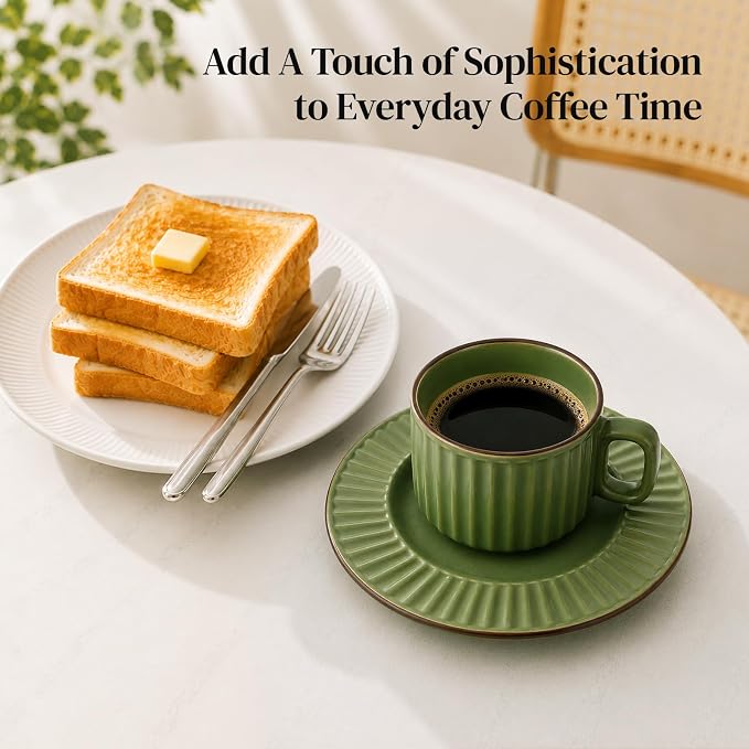 DOWAN Cappuccino Cup Set of 4, 8 OZ Ceramic Coffee Cups with Saucers, Coffee Mugs, Ribbed Espresso & Latte Cups Set, Elegant Stoneware for Home & Café Use