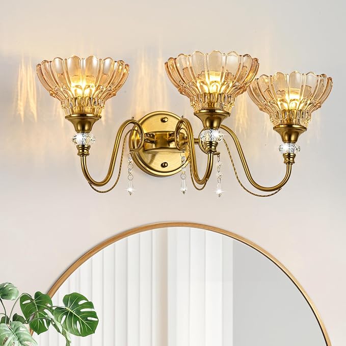 Vintage Bathroom Vanity Light, 3-Light Brushed Gold Finish Wall Sconce with Hanging Crystal Accents and Flower-Shaped Amber Glass Shades, Retro Wall Mount Vanity Light Over Mirror for Bathroom