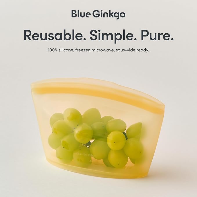 Blue Ginkgo Reusable Silicone Storage Bags – 3-Pack | Korean-Made Stand Up Food, Freezer Bags - Pumkin Yellow