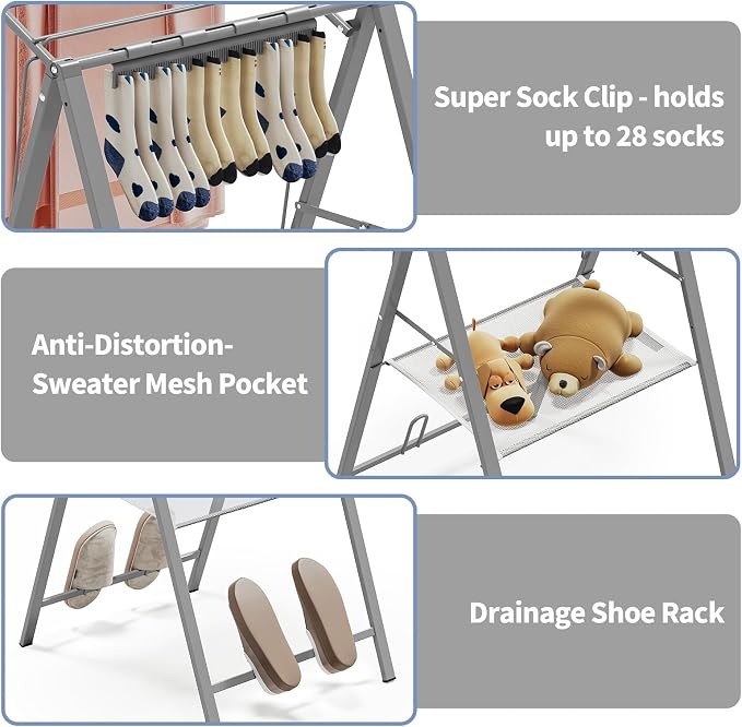 6 Height Adjustable Clothes Drying Rack with Shoe Slots, Grey | Pre-Assembled, Stable Load Structure, 22 Drying Rails, Foldable Space-Saving For Efficient Indoor & Outdoor Airflow Drying