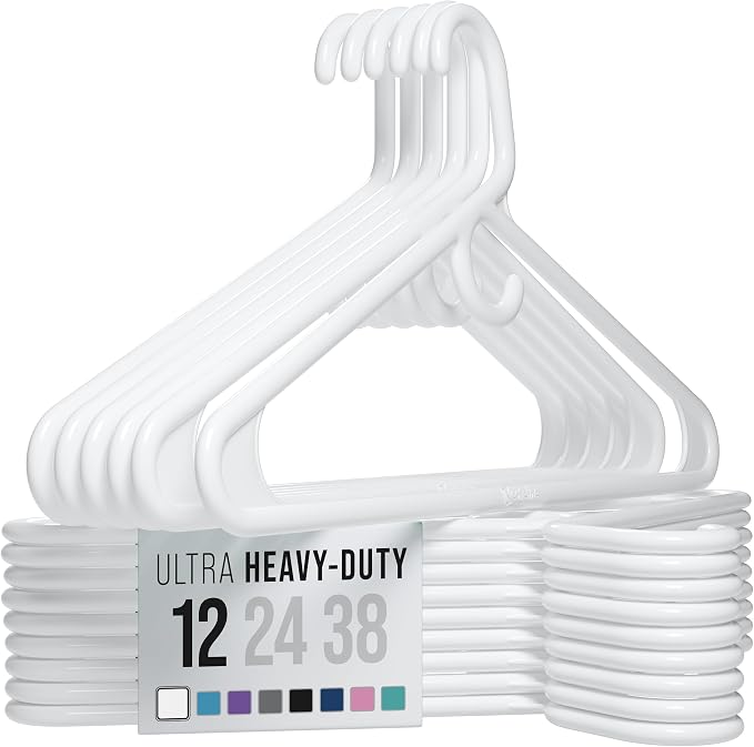 NEATERIZE Thick Heavy Duty Hangers - White Plastic Clothes Hangers 12 Pack - Great for Coat Hanger, Jackets Jeans & Suit Hanger for Closet - New Apartment Essentials Percheros Ganchos para Colgar Ropa