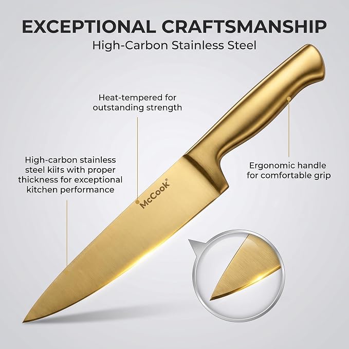McCook Knife Set Gold Kitchen Knife Block Set w Built-in Sharpener | German Forged Stainless Steel,15 PC,Razor Sharp,Anti-Rust, Ergonomic Handles,Full Tang,Elegant Gold, Gift Box