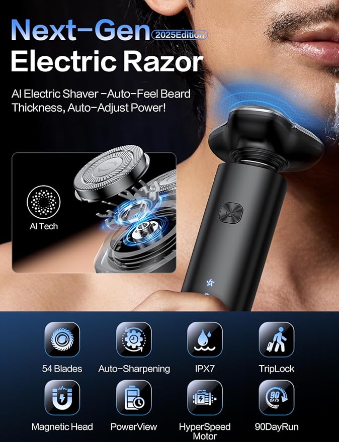 Electric Razor for Men, Men's Electric Shaver, 3-Blade Rotary Shaving System, Touch Switch, Type-C Fast Charging, LED Display, Travel Lock, 90+ Minutes Run Time