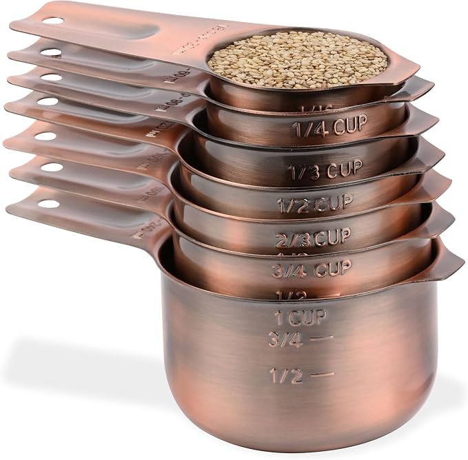 Copper Measuring Cups and Spoons Set, Stainless Steel Measuring Cups and Spoons Set, Metric & US 7 Measure Cup & 9 Long MeasureSpoon,1Leveler & 1Measure Equivalents for Kitchen & Baking