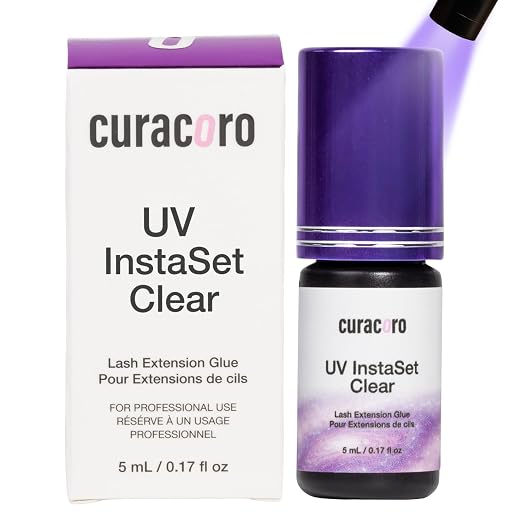 Curacoro UV Lash Glue for Eyelash Extensions, UV Instaset Clear | 5ml Clear UV Glue, Instant Curing Low-Odour, 6-Week Retention