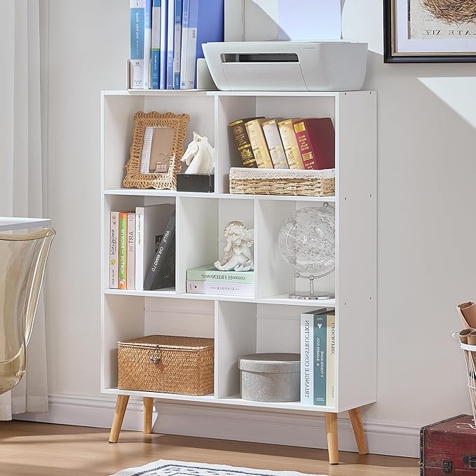 LEYAOYAO Cube Bookshelf, Mid-Century Modern Book Shelf with Legs, White | 3 Tier Bookcase, Rustic Wood Bookshelves Freestanding Small Storage Organizer, Open Shelves for Bedroom, Living Room, Office