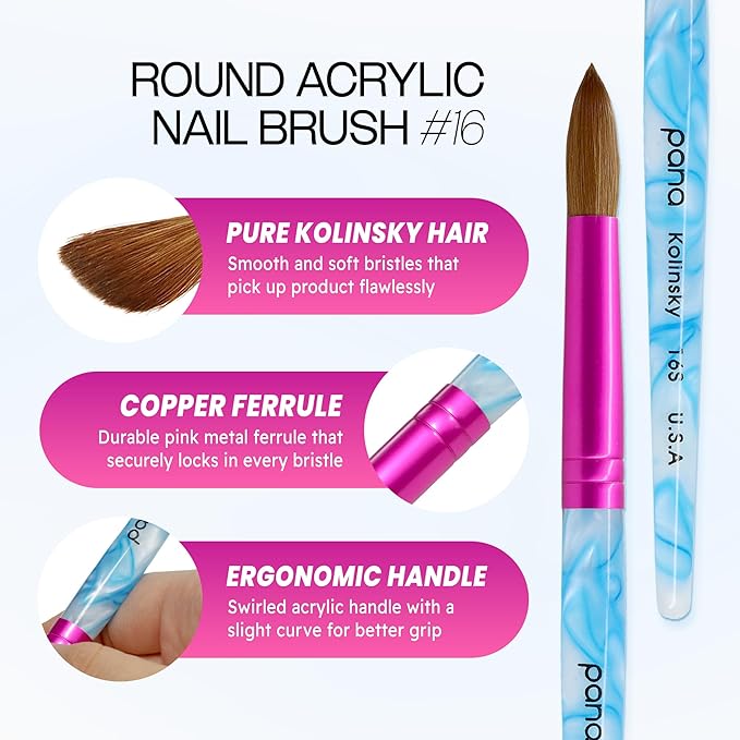 PANA USA Acrylic Nail Brush Pure Kolinsky Hair Acrylic White Swirl Blue Handle with Pink Ferrule Round Shaped - Size 16