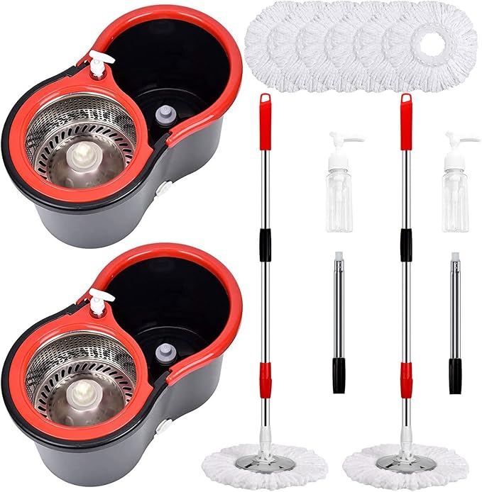 Spin Mop and Bucket with Wringer Set, 6 Mop Refills, 61" Handle (2 Sets) | 360° Spinning Mop System with Stainless Steel Extended Handle & 6 Microfiber Refills for Floor Cleaning