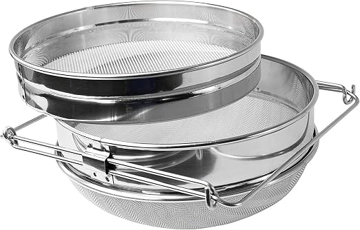 BEEXTM Honey Strainer Filter Stainless Steel Double Sieve for 5 Gal Bucket | Adjustable Arms 9"-16", 1875+650 Micron Dual Mesh, Food Grade, Easy Clean, for Beekeeping & Kitchen, for Honey, Yogurt, etc.