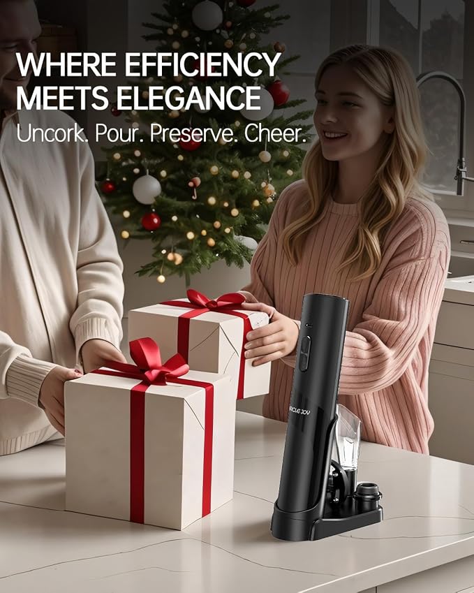 CIRCLE JOY Rechargeable Wine Opener Electric Wine Bottle Opener, 7-in-1 Wine Gift Set with Electric Vacuum Pump, Charging Station, Foil Cutter, Wine Aerator Pourer and 2 Wine Stoppers, Black