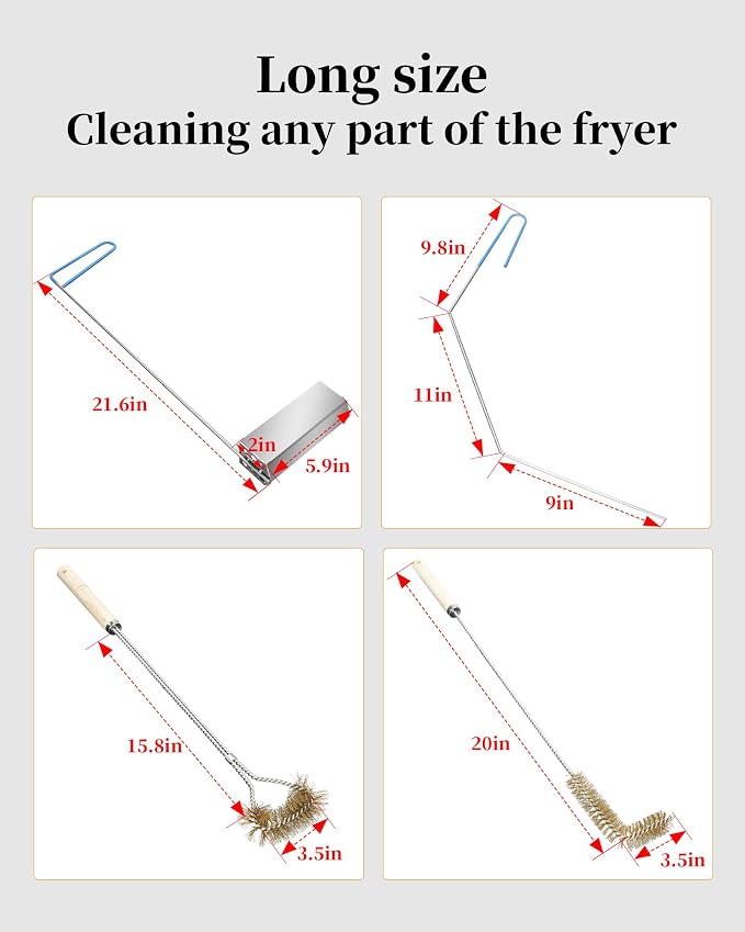 4-in-1 Fryer Cleaning Tools, Applies to Commercial Kitchen, Fryer, Drain | Include L Shaped Fryer Cleaning Brush, Deep Fryer Crumb Scoop, Long Handle Deep Cleaning Brush, Deep Fryer Cleanout Rod